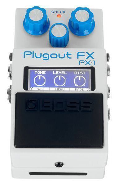 Мультиэффект-педаль BOSS [PX-1] с технологией Plug-Out: 8 встроенных эффектов (DS-1, OD-1 и др.), ещё 8 загружаются через приложение. LCD-дисплей, 3 энкодера, USB-C, MIDI, питание от адаптера или USB. Размеры: 73 x 125 x 56 мм, вес: 400 г.
