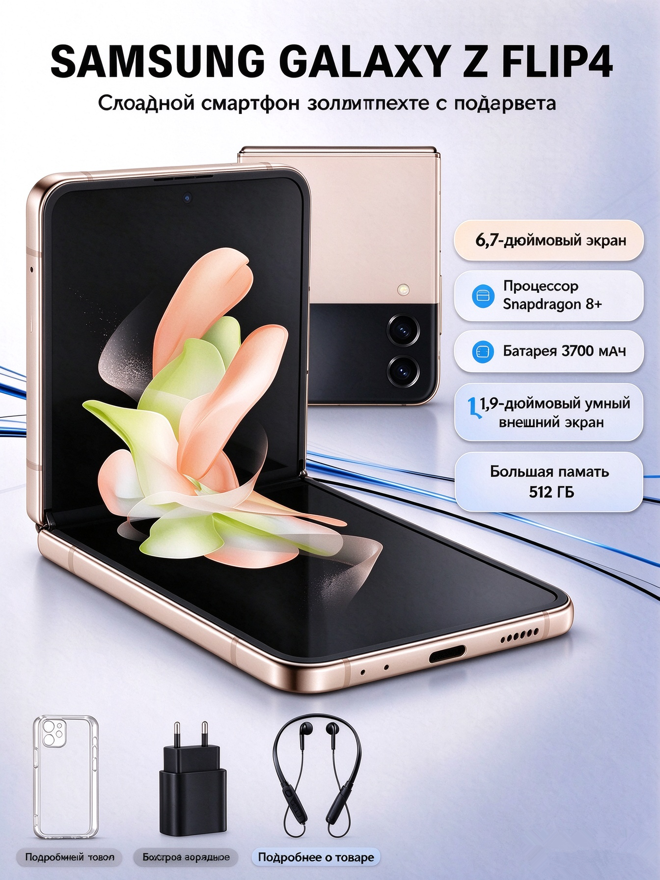 Samsung Смартфон Galaxy Z Flip 4 8/512 ГБ, золотой, NFC, Поддержка русского языка