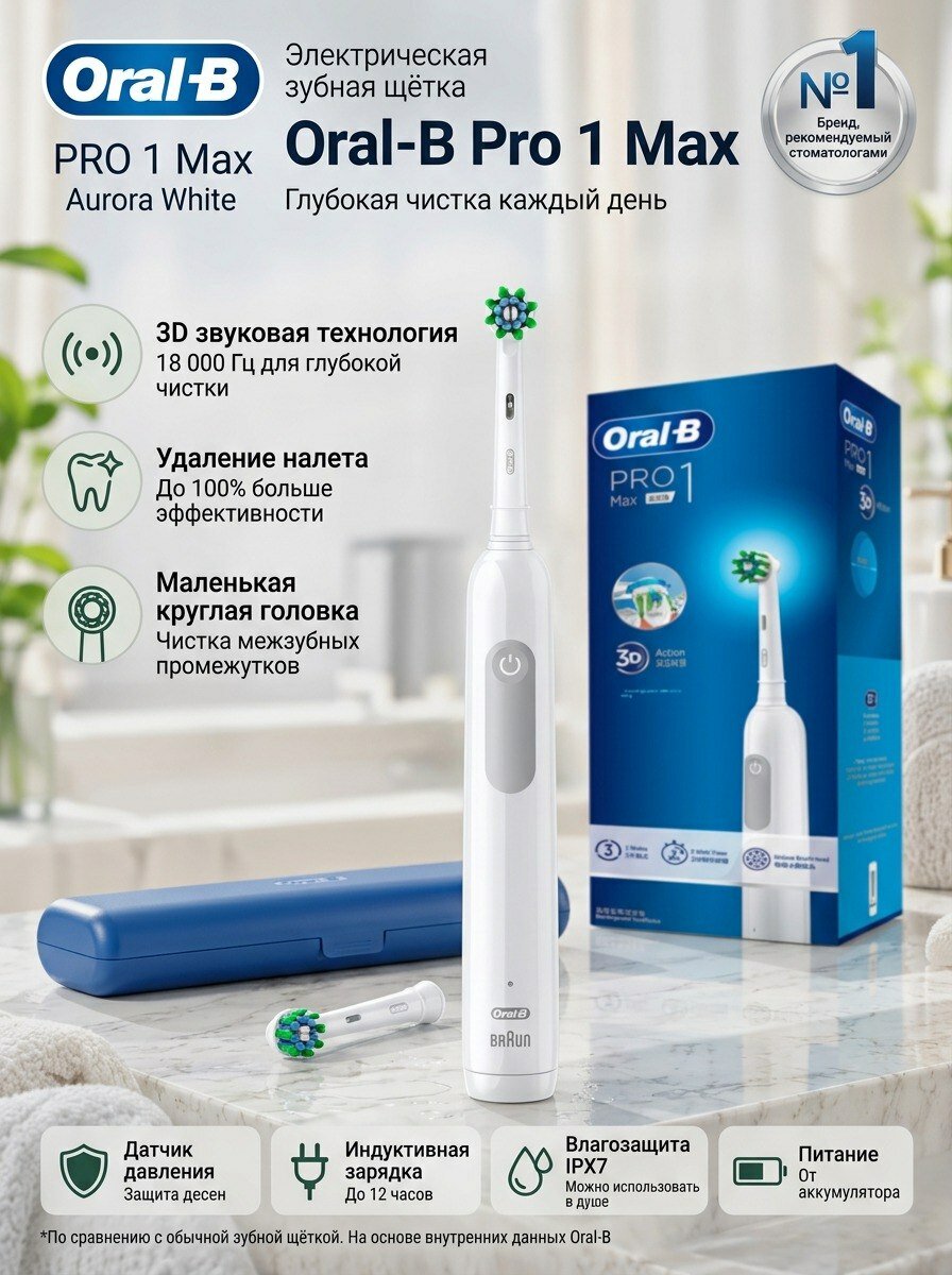 Электрическая зубная щетка Oral-B Braun Pro1 Max Sky Blue, 18000 Гц , с кейсом, звуковая, отбеливание, таймер, датчик давления, белая