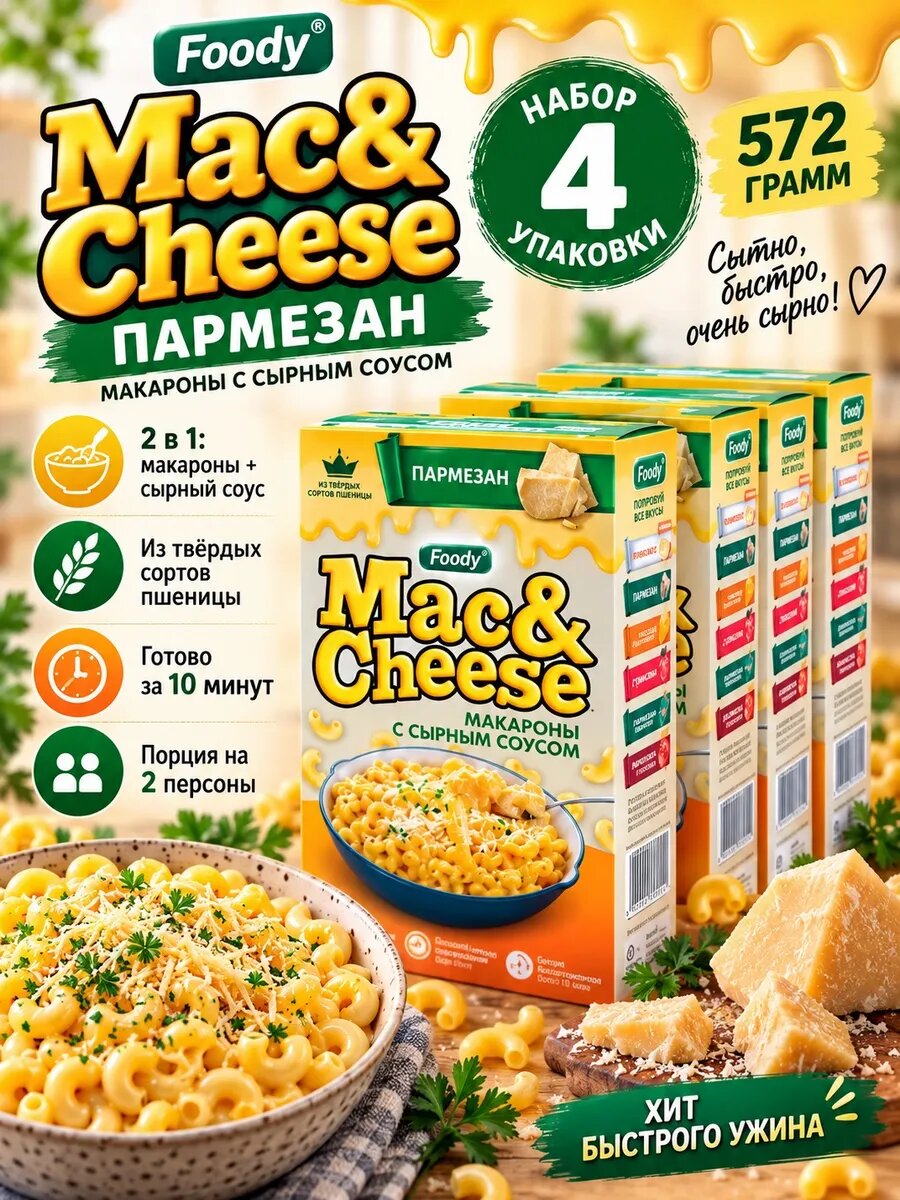 Макароны Mac&Cheese Пармезан с сырным соусом 4 шт 572 грамма