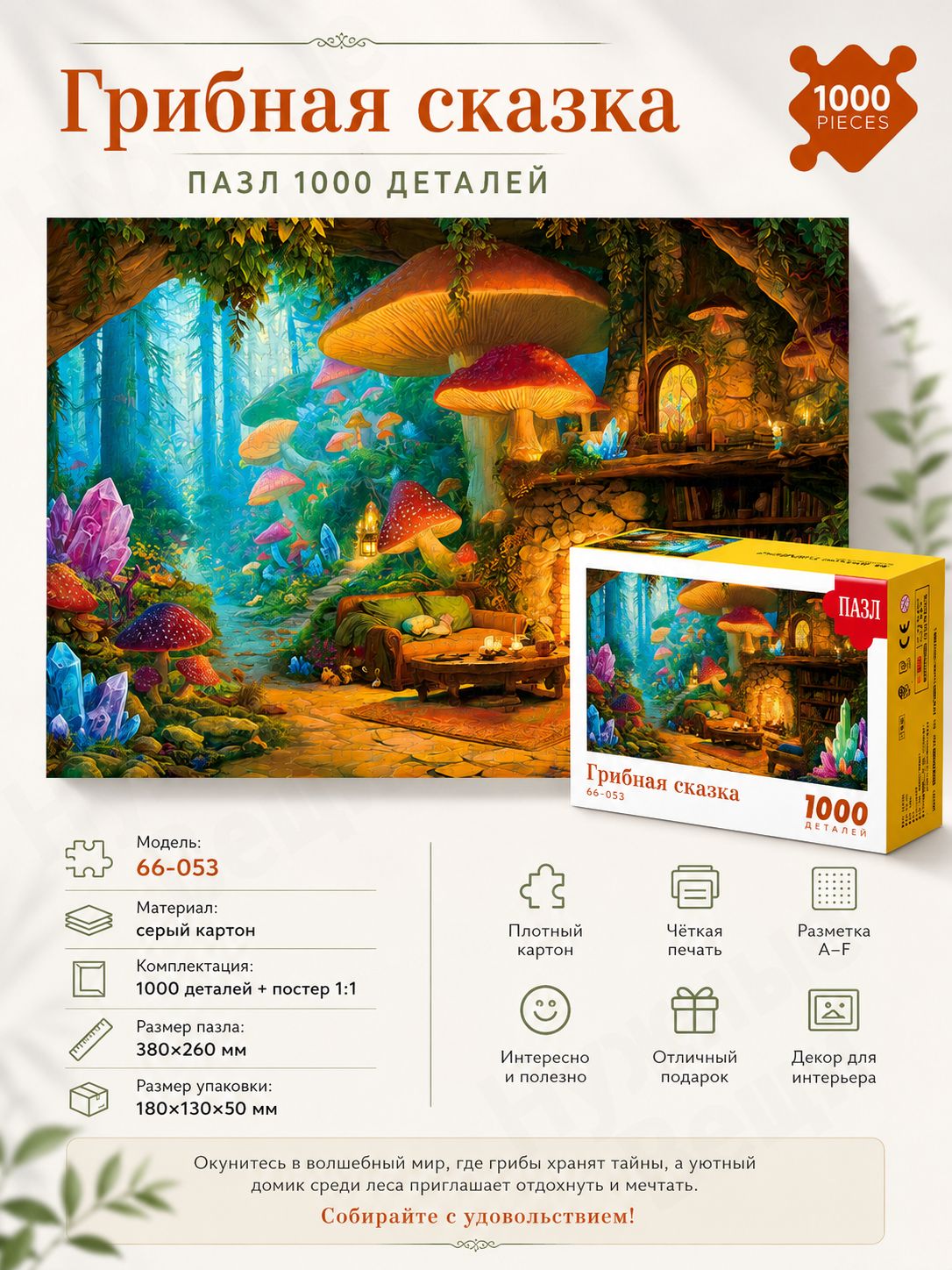 Пазл 1000 деталей, картонный пазл, 380 260 мм, с постером 1:1