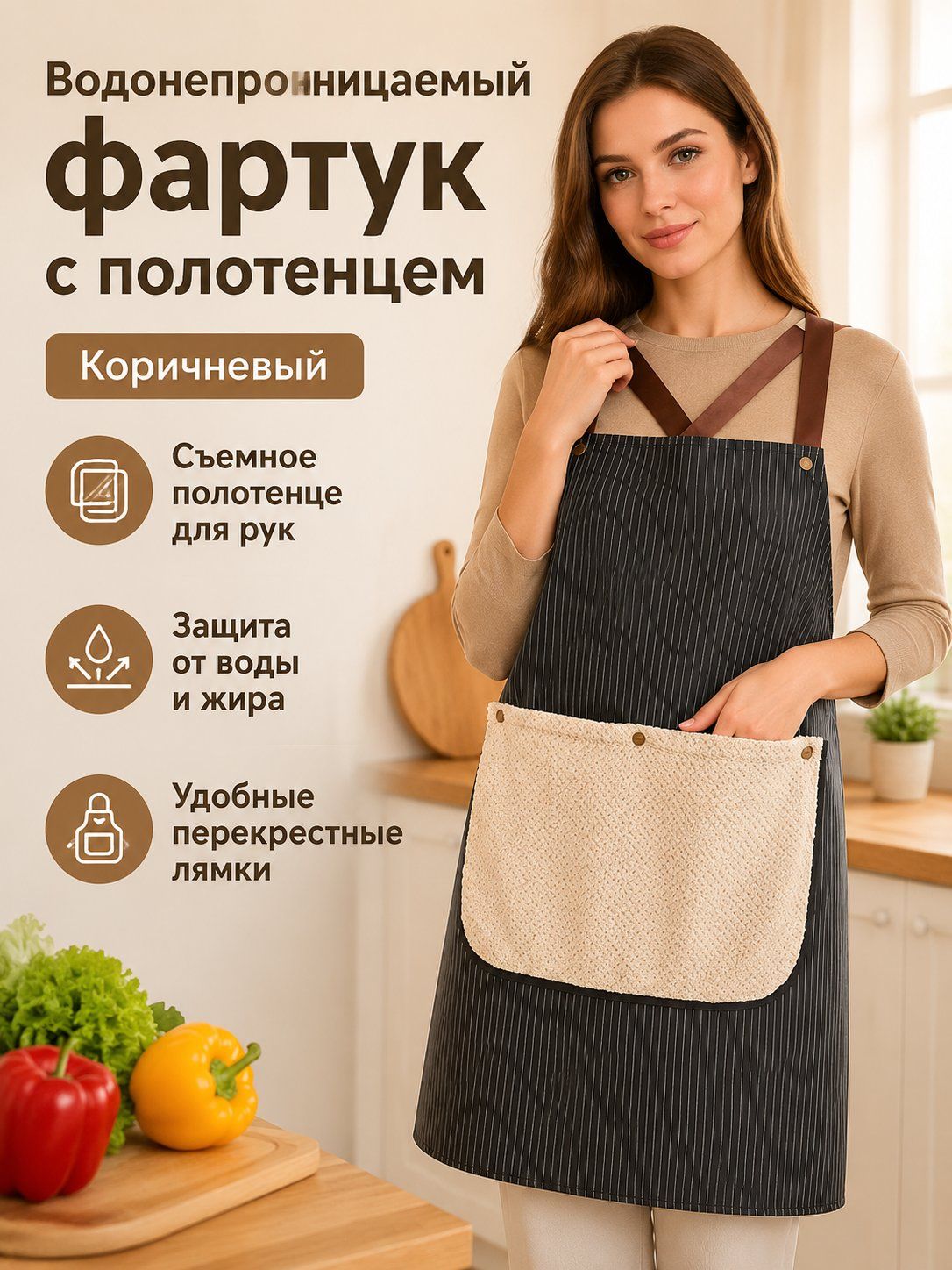 Фартук кухонный 1шт, Кофейный в полоску, Артикул: 5651152076