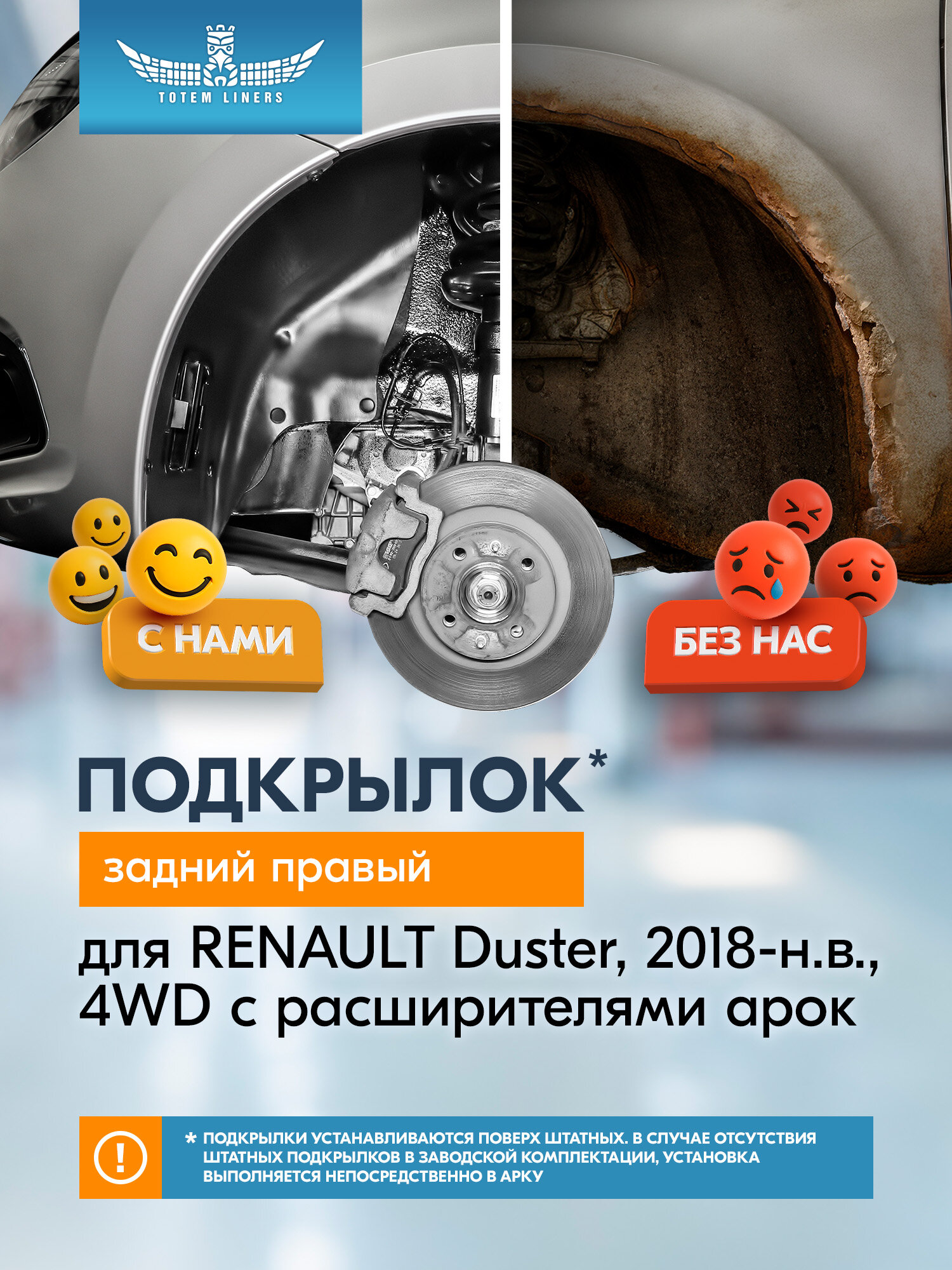 Подкрылок для RENAULT Duster, 2018-н. в, 4WD с расширителями арок (Европа) Totem Liners задний правый 1 шт. / Рено Дастер