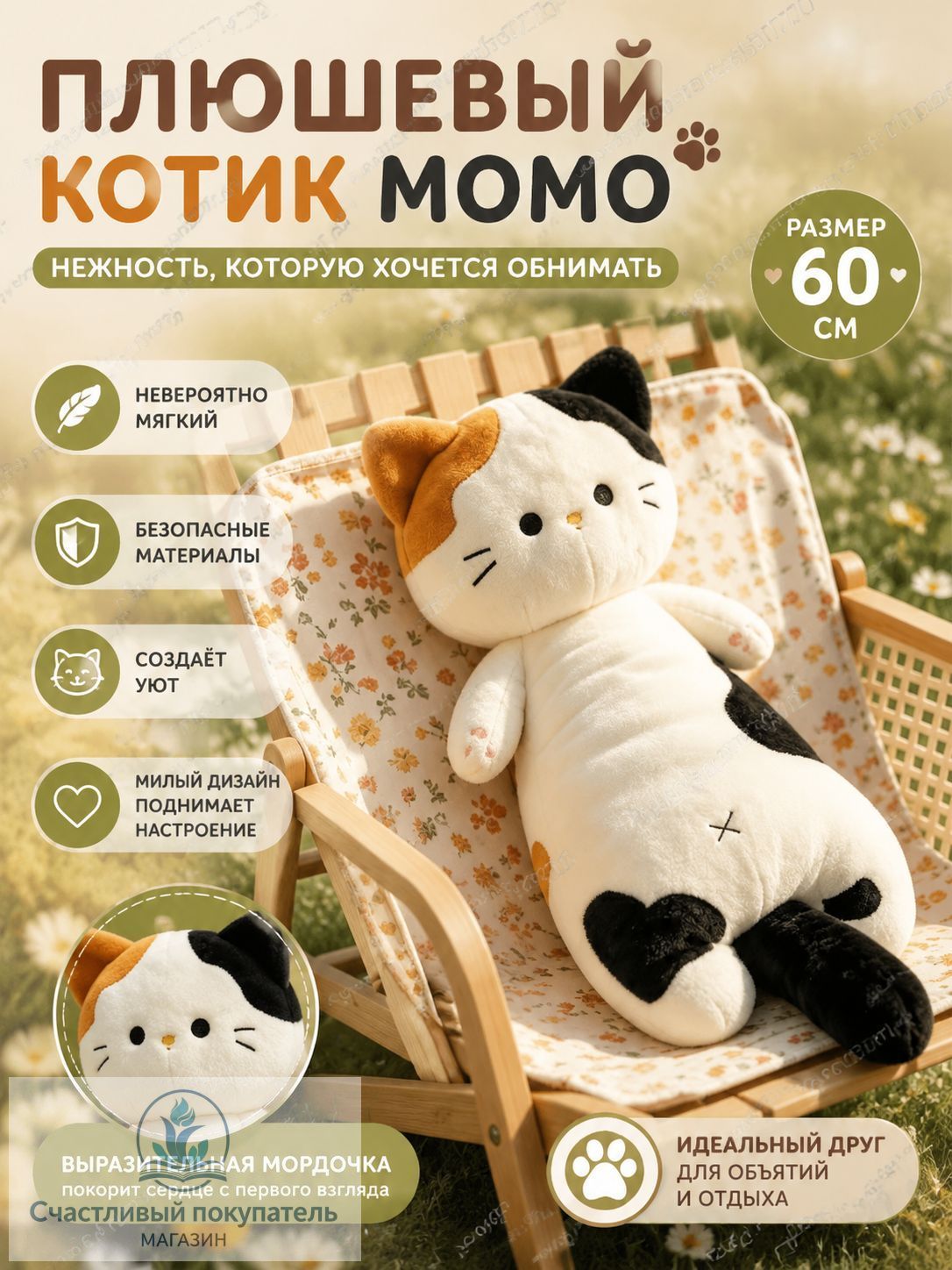 Большая плюшевая подушка-трехцветный кот, игрушка для сна, подарок для девушек