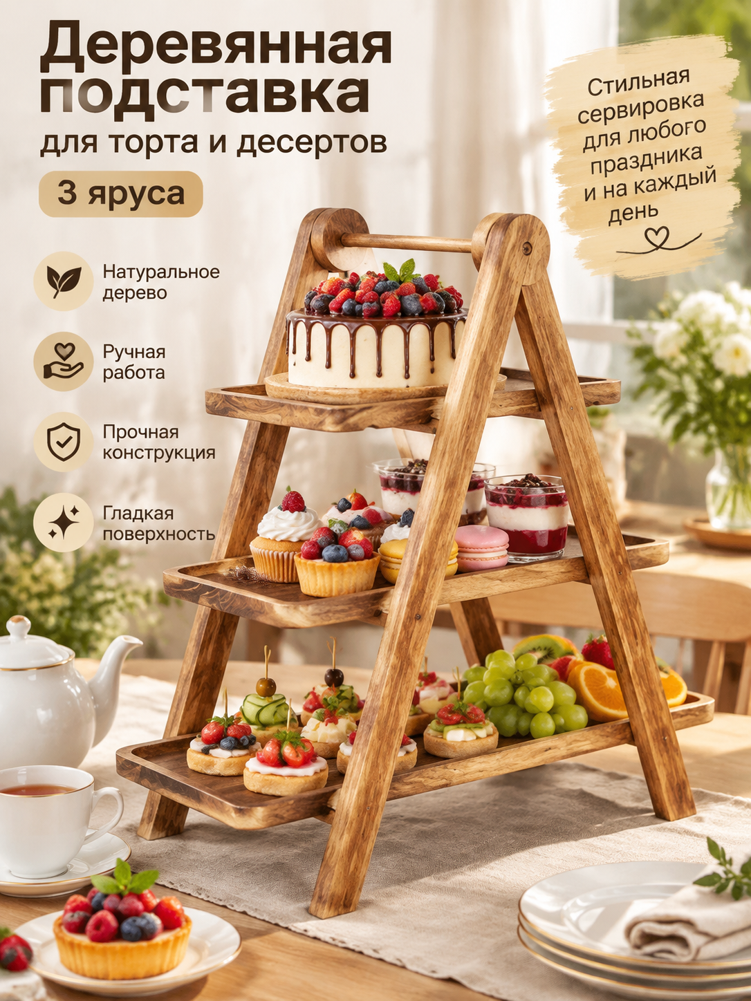 Деревянная трёхуровневая подставка-поднос для торта и десертов, сервировочный стенд, 3 яруса