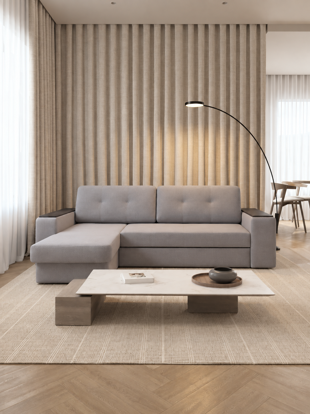 Диван с оттоманкой Арго Лайт Velutto 19 FM 233x153x90 см, серый Велютто, еврокнижка арт-мебель