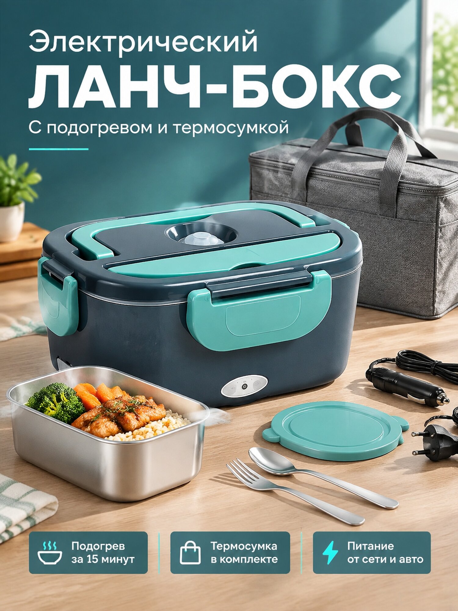 Электрический ланч-бокс с термосумкой и подключением к сети и автомобилю
