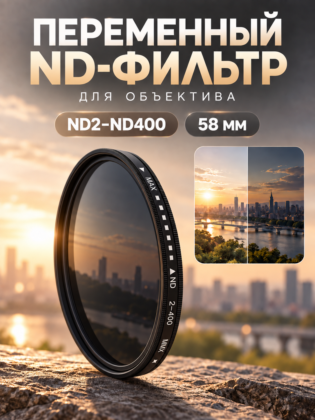 Фильтр нейтральный с переменной плотностью ND2-ND400 58мм / Защитный фильтр для объектива