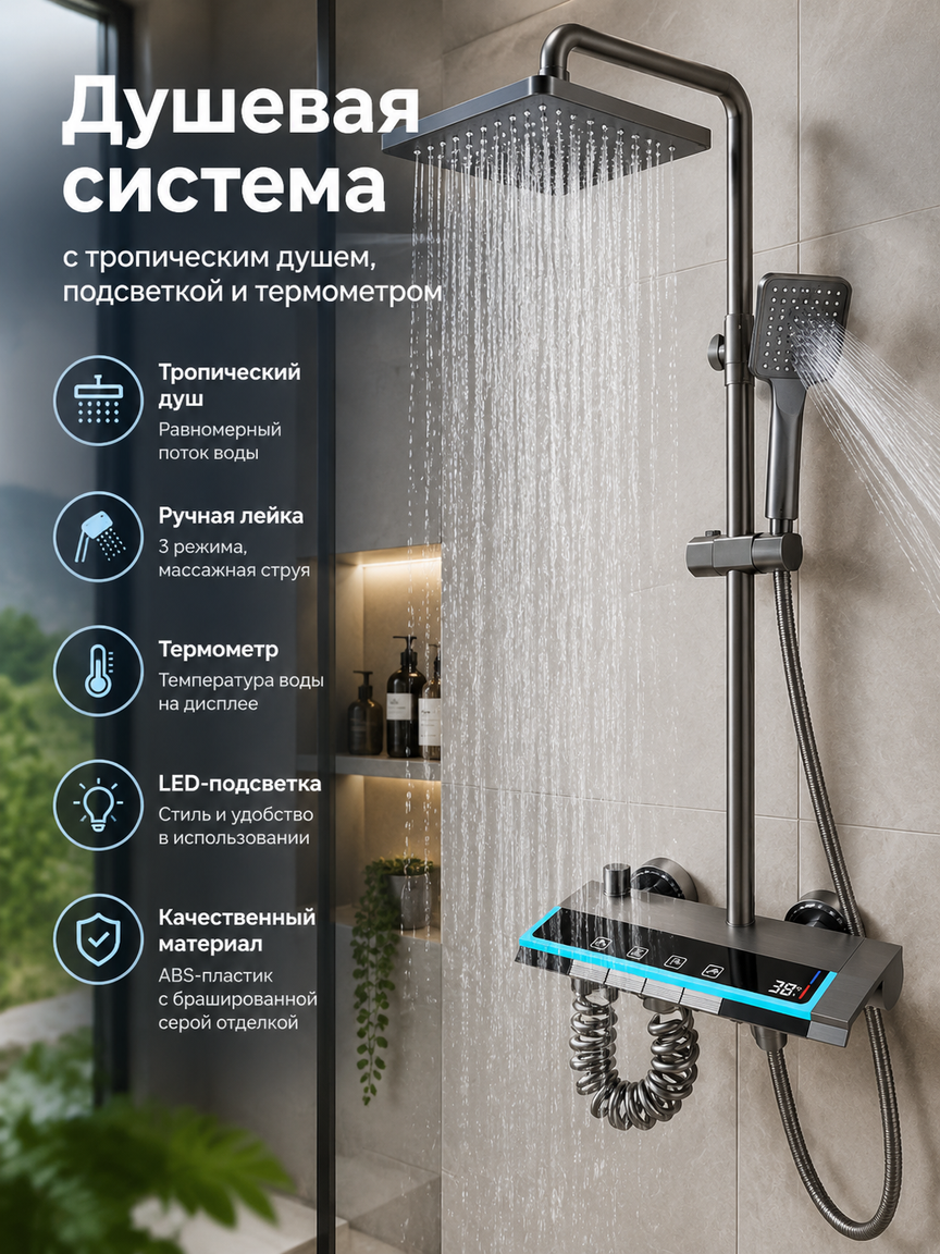 Душевая система с тропическим душем, подсветкой и термометром, смеситель и стойка, серый