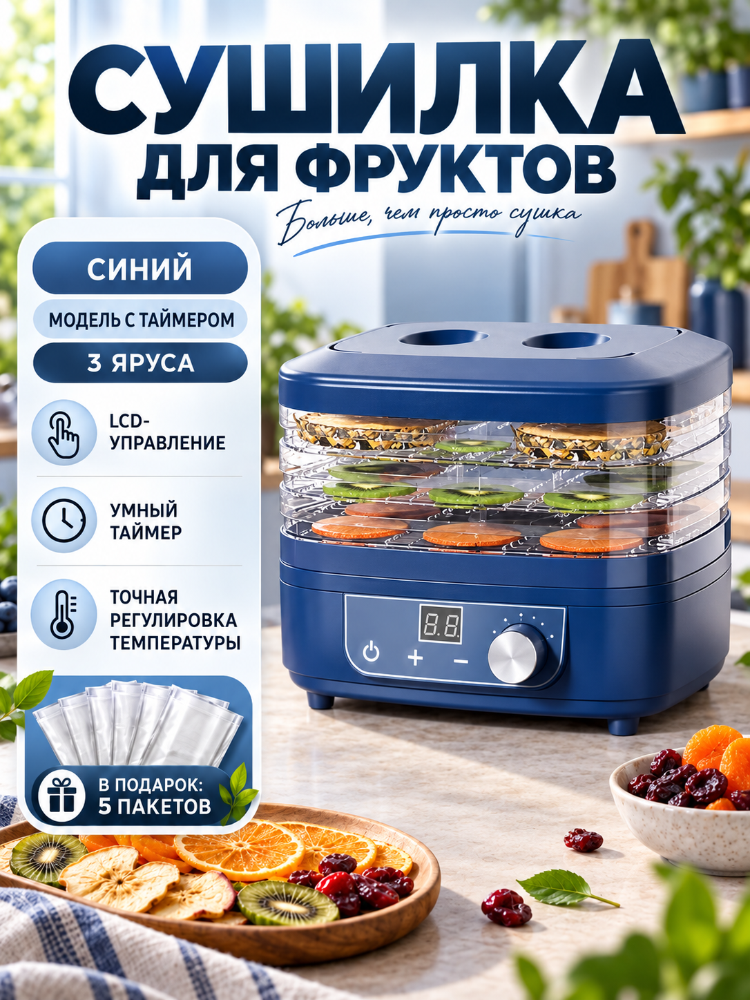 Домашняя электросушилка для фруктов и овощей, 360° циркуляция воздуха, регулировка температуры