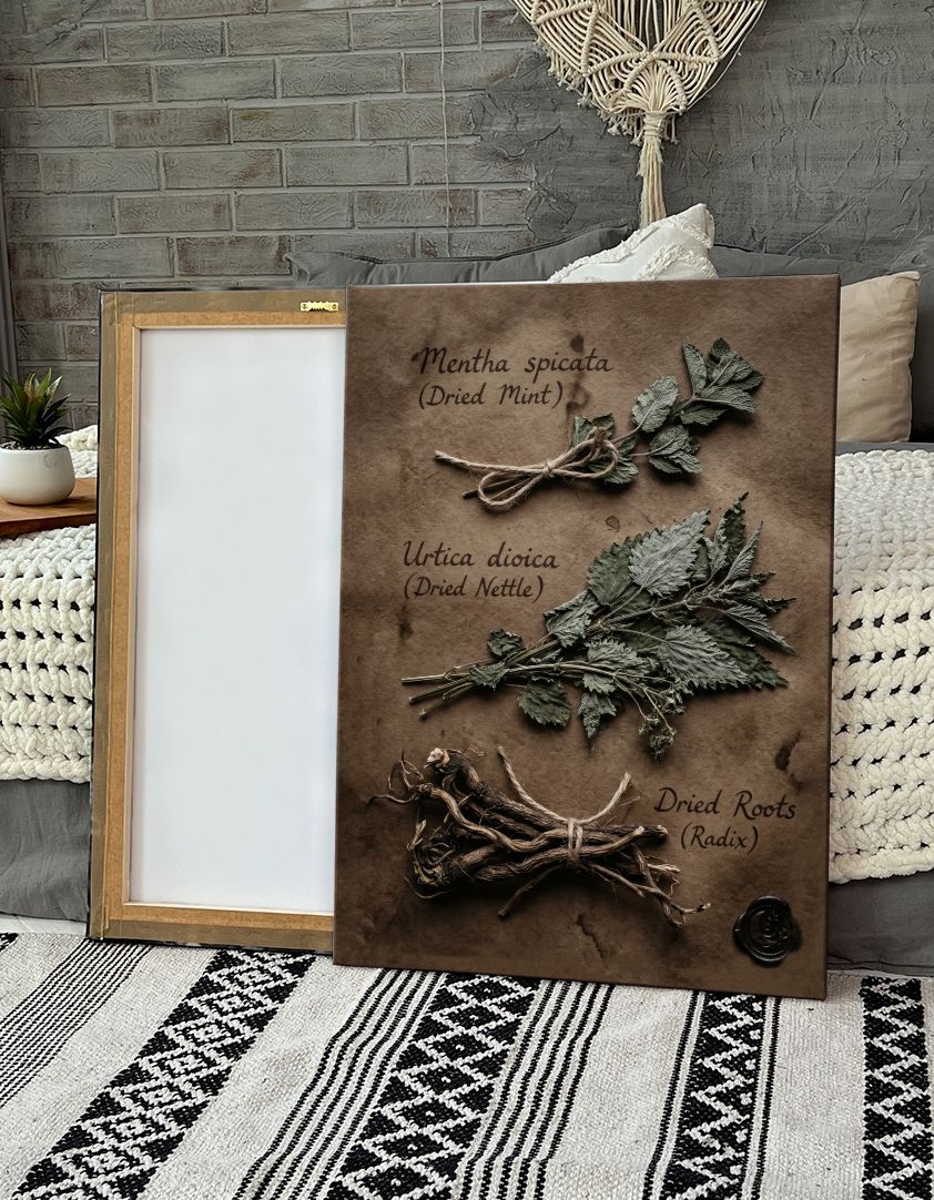 Картина на холсте (мята, Mentha spicata, dried mint, крапива, Urtica dioica, dried nettle, сушеные корни) 20x30 см. Интерьерная на стену. Украшение в комнату. В подарок.