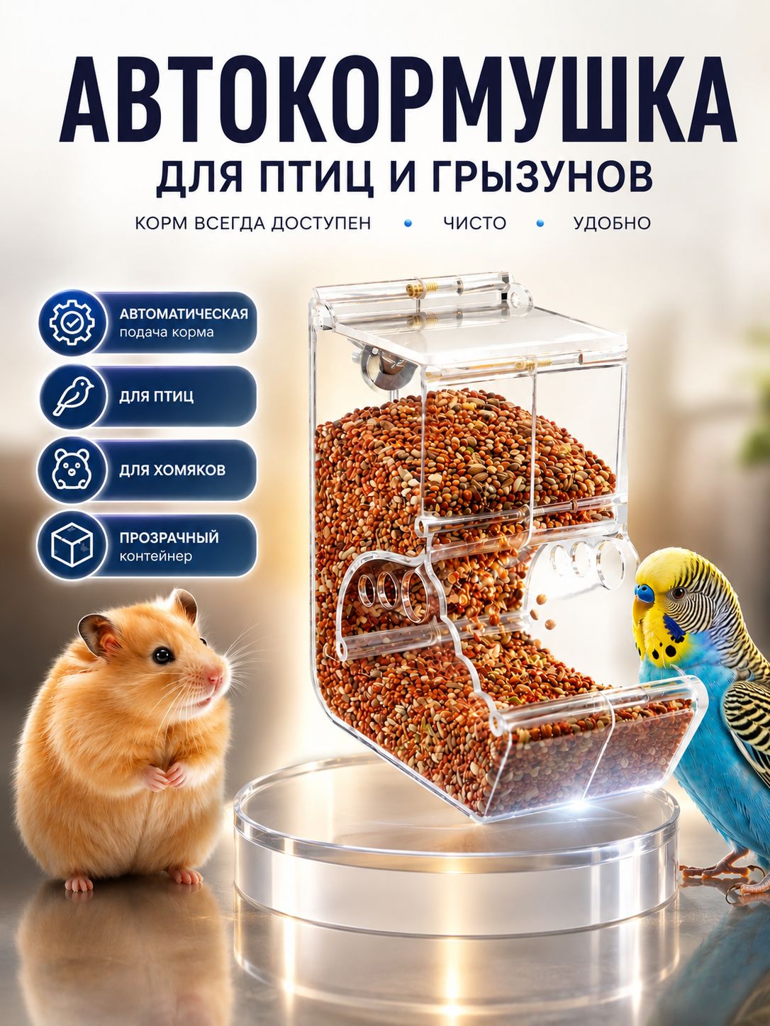Кормушка для птиц и грызунов, автокормушка, 12,8х7х14 см, прозрачная