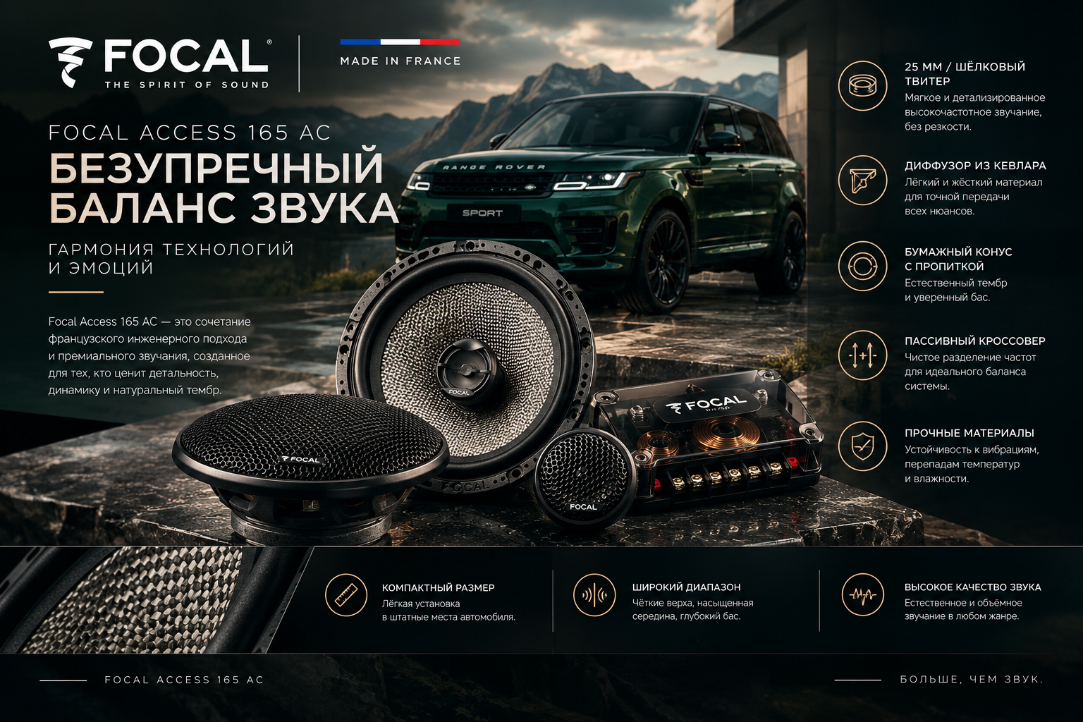 Focal 165 AC — автомобильная акустика 16,5 см, 2-полосная коаксиальная, 60 Вт RMS, 120 Вт Max, 4 Ом, 91 дБ, 60 Гц–20 кГц — фото 1