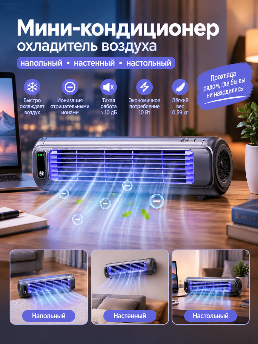 Настольный настенный напольный мини-кондиционер охладитель воздуха с ионизатором и подсветкой