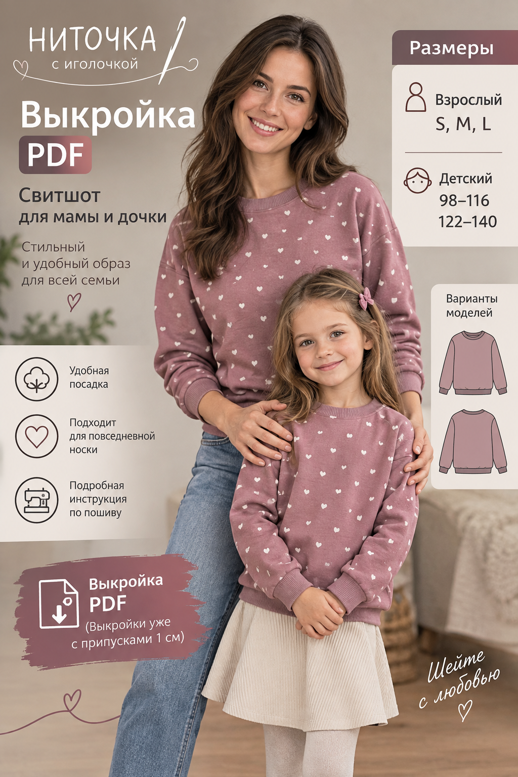 Выкройка свитшота PDF для мамы и дочки — женская и детская выкройка для шитья, размеры S–L, 98–140