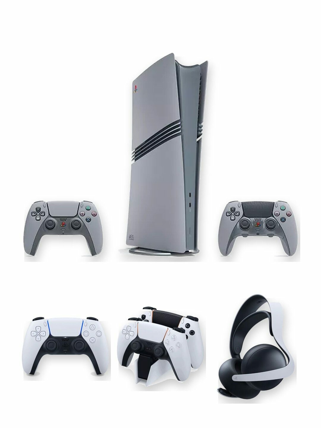 Игровая приставка Sony PlayStation 5 Pro 30th Anniversary Limited Edition 2 ТБ без дисковода, серая в стиле PS1, японская версия + 2-й геймпад DualSense White + зарядная станция + гарнитура Pulse Elite