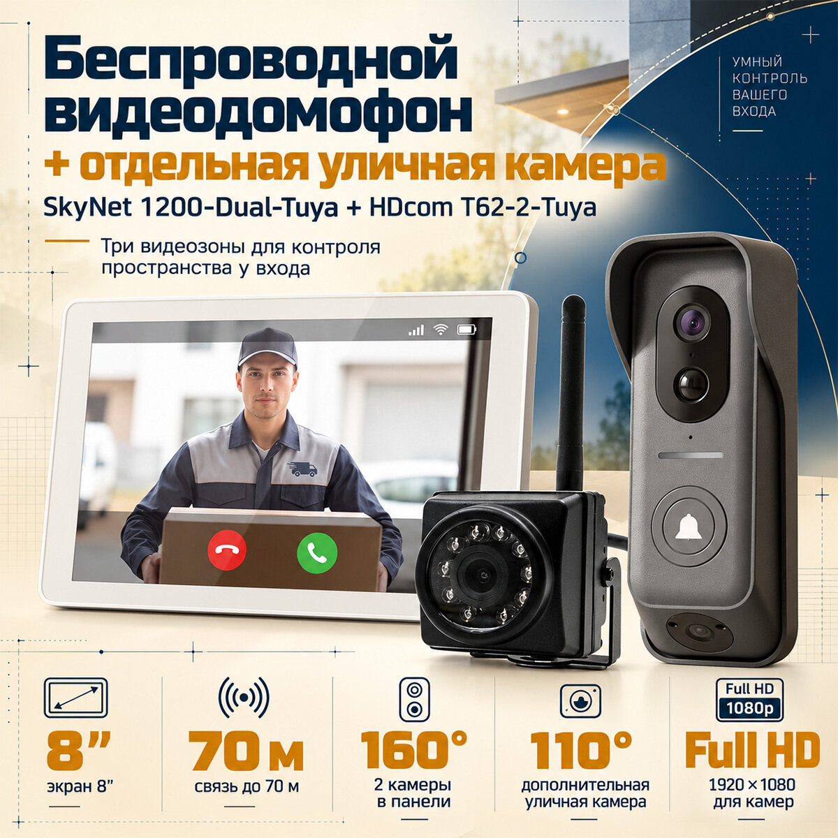 Беспроводной Wi-Fi FullHD видеодомофон Tuya и антивандальная мини камера с ночной подсветкой SkyNet-Tuya-1200-DuaL-HDcom-T62-Tuya (E71652KO) для ули