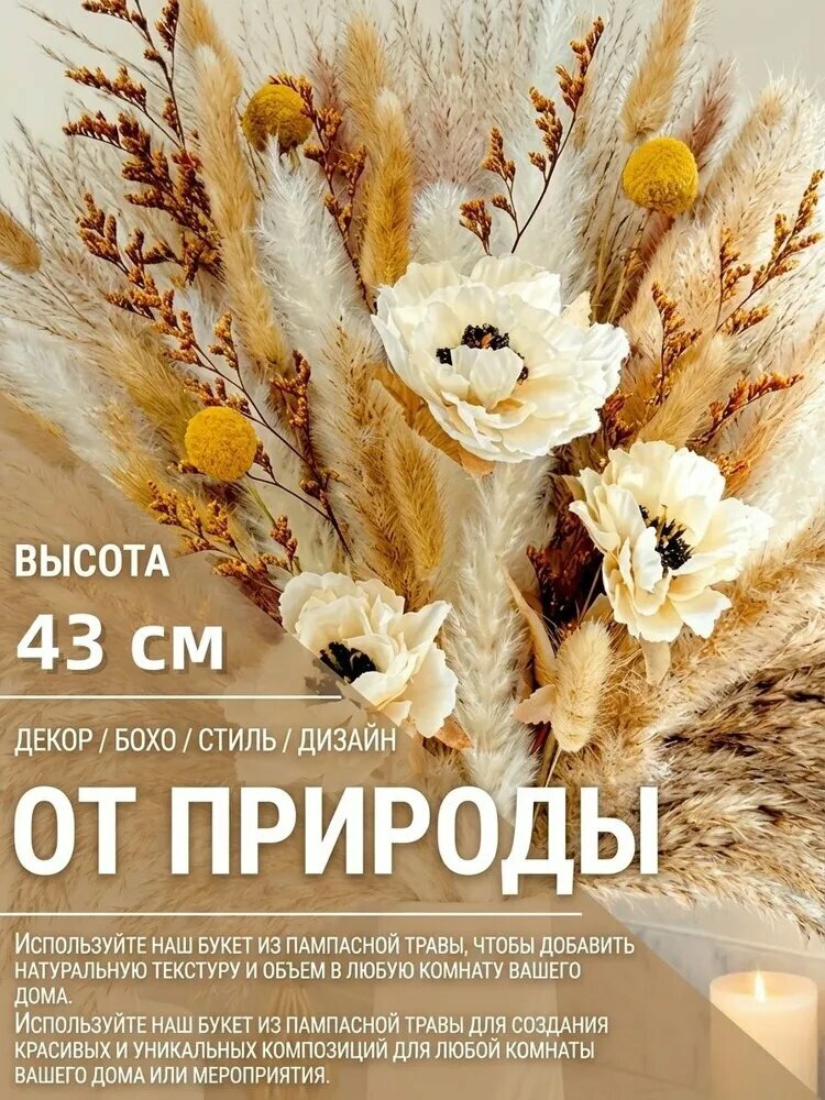 Сухоцветы Пампасная трава, 44 см, 160 гр, 1 шт