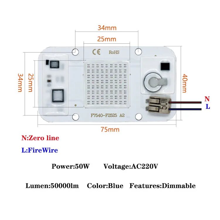 Фитолампа Blue 50W 220V, 50000lm, Dimmable