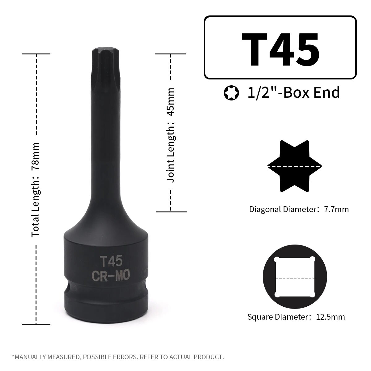 Торцевой адаптер 1/2" T45, Diagonal Diameter: 7.7mm, Square Diameter: 12.5mm
