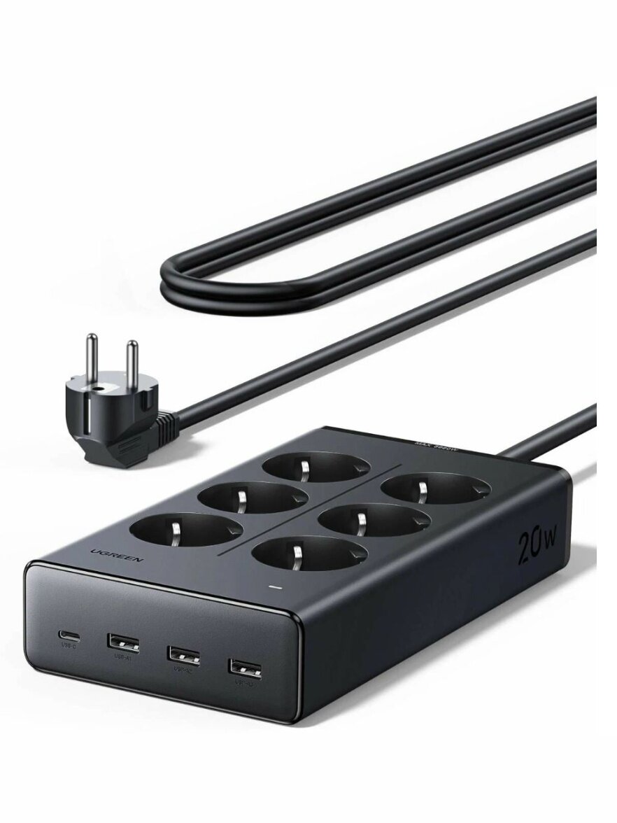 Сетевой фильтр Ugreen S622 20Вт, 6 розеток, USB-C/3*USB-A/ 1.5м, черный(75141) — фото 1