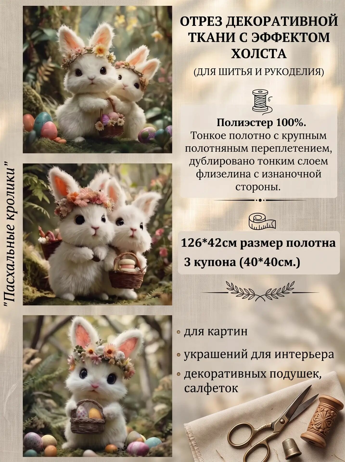 Ткань интерьерная для шитья и рукоделия "Пасхальные кролики"