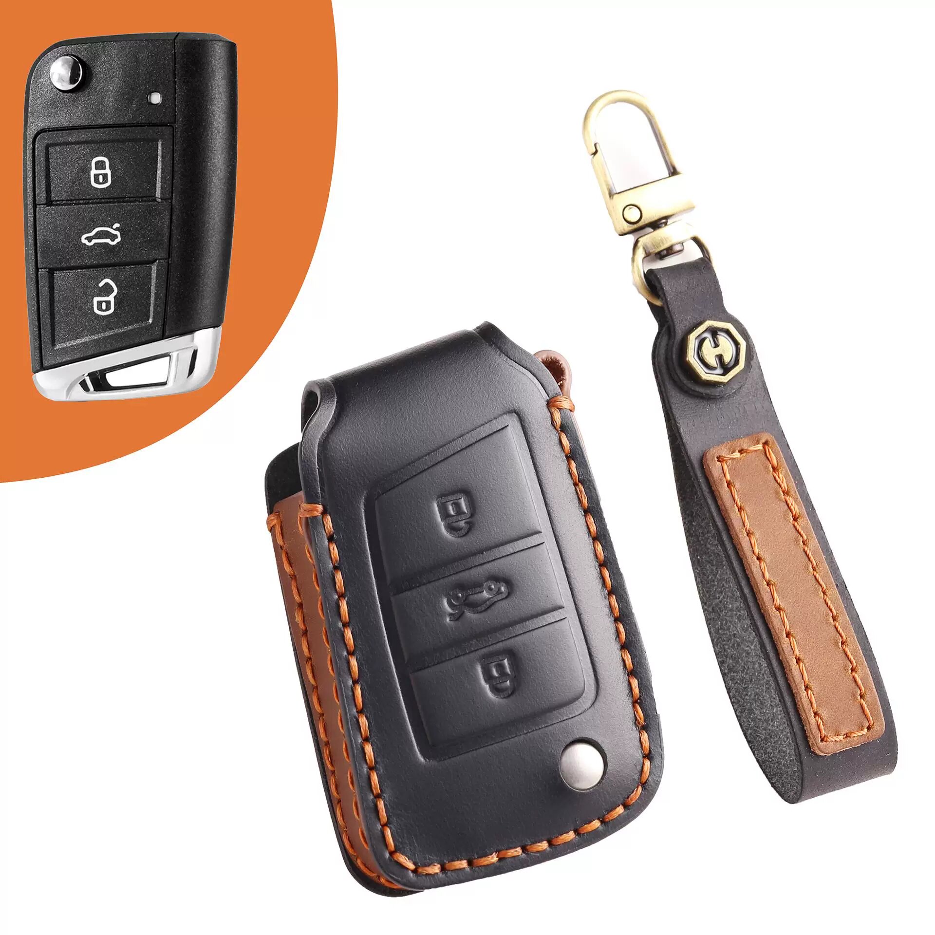 Премиальный кожаный держатель для ключей автомобиля Volkswagen Golf, Passat, Tiguan, Touareg и Skoda - Черный, стиль