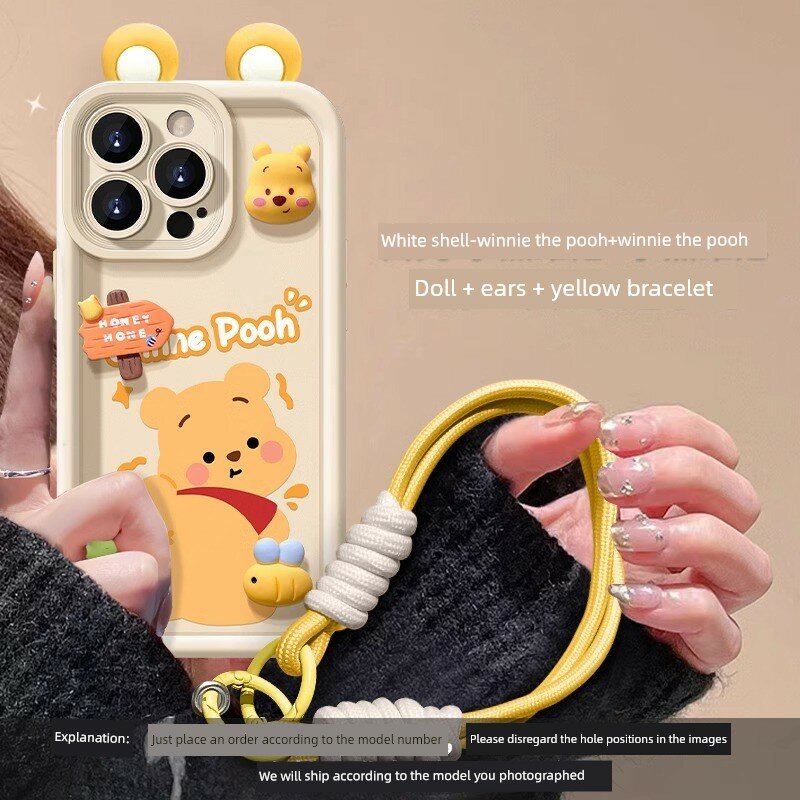 Силиконовый чехол для iPhone 17 с фигуркой Винни-Пуха, ушами и шнуром, кремовый белый, амортизирующий удары