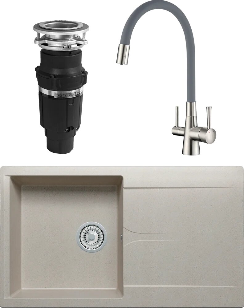 Комплект Мойка Polygran Gals 860 86x50, серая, искусственный гранит / Смеситель Lemark Comfort LM3075BN с гибким изливом, никель, с гибким изливом, никель, серый / Измельчитель Bone Crusher BC 610-AS