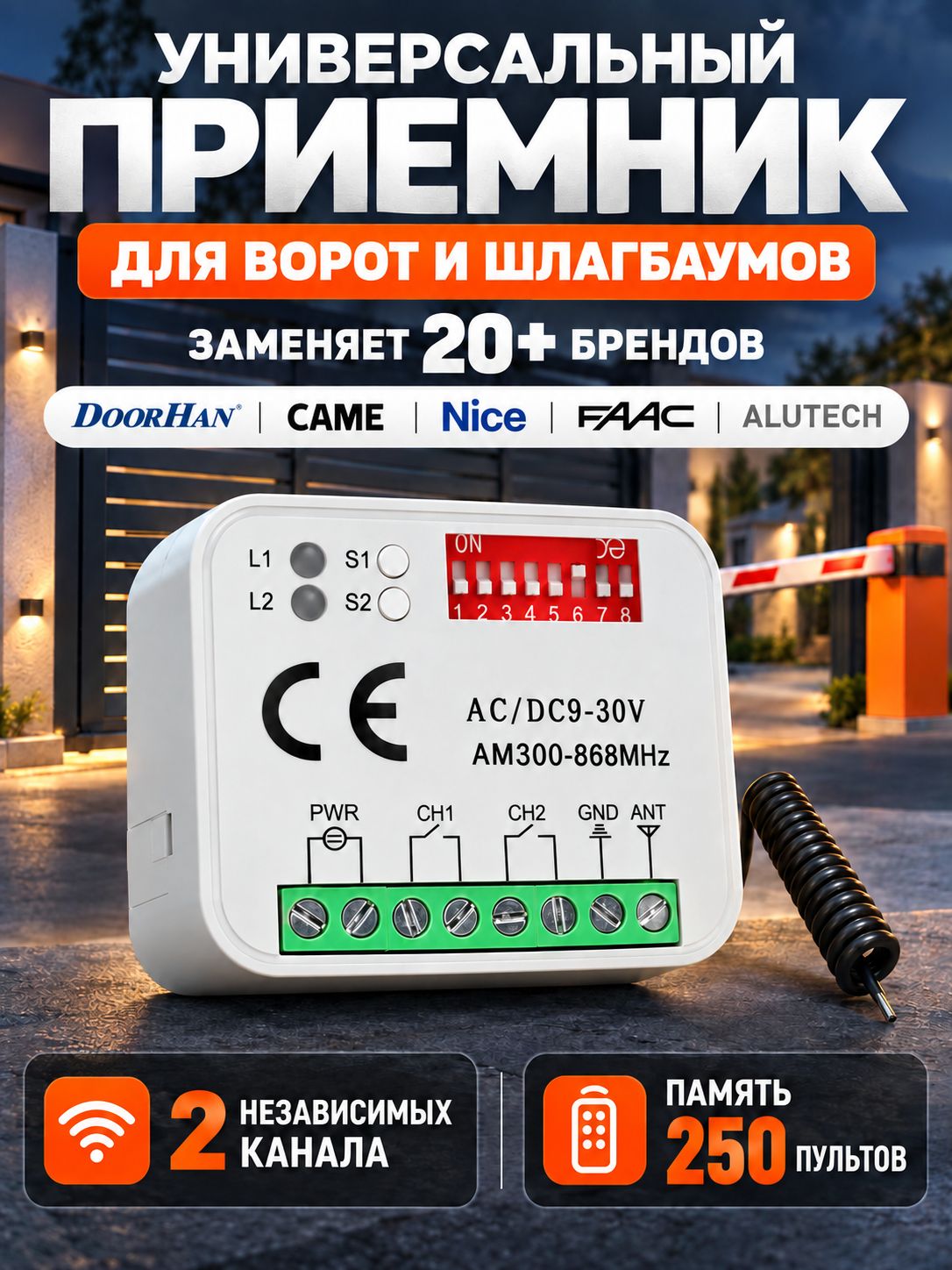 Универсальный внешний приемник RX Multi для ворот и шлагбаума 300-868 МГц, двухканальный радиоприемник для пультов Came, Nice, DoorHan