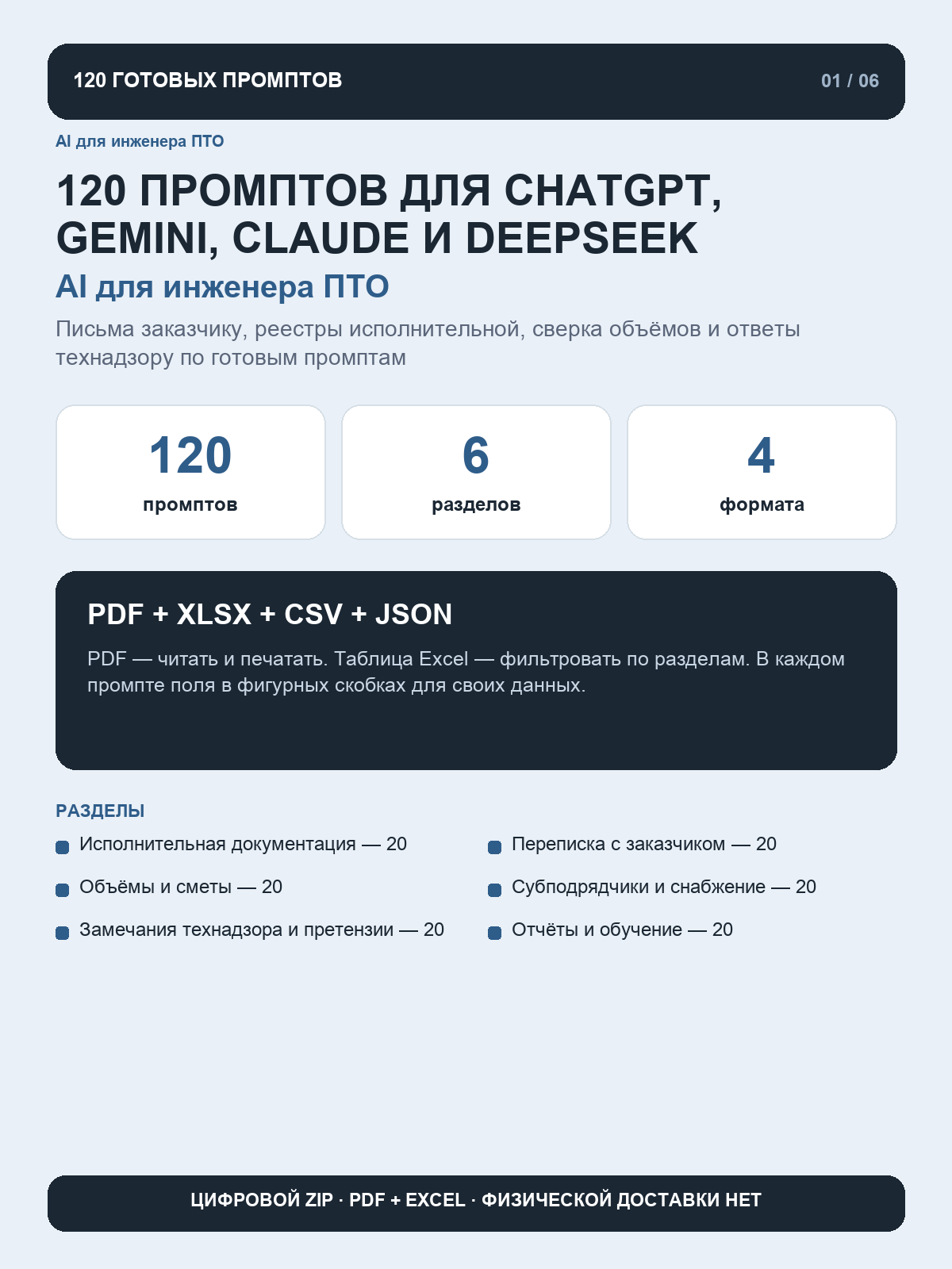 AI для инженера ПТО: 120 промптов для ChatGPT, Gemini, Claude и DeepSeek, цифровая книга PDF A4