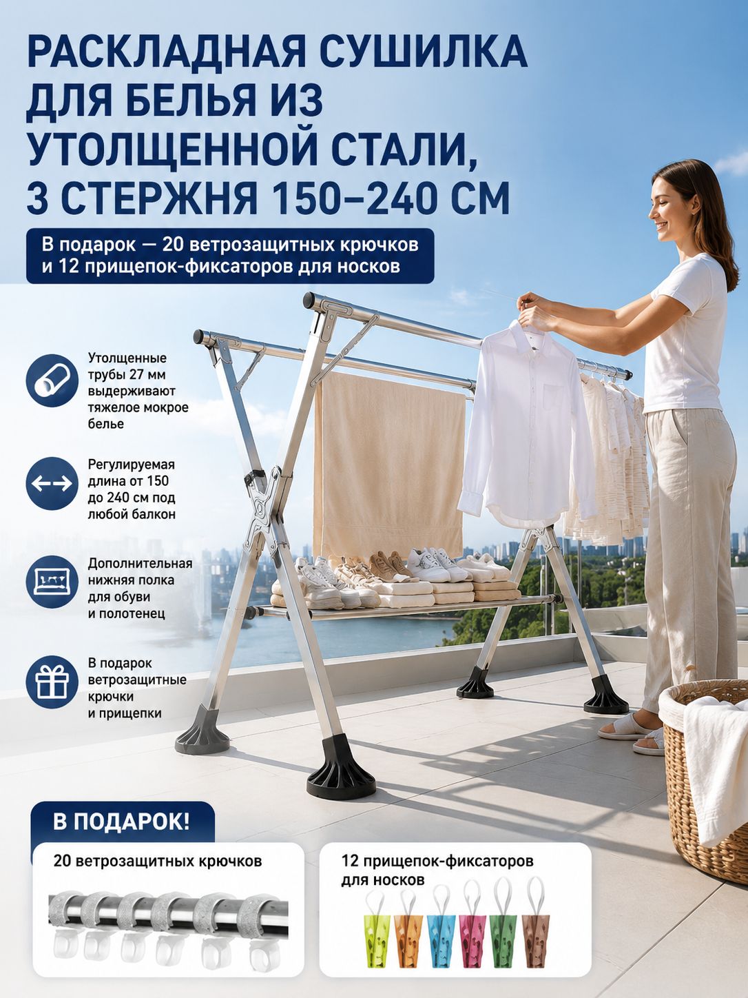 Сушилка для белья 1.6 м напольная складная 240 см х 50 см х 130 см металл 1 шт серебристый