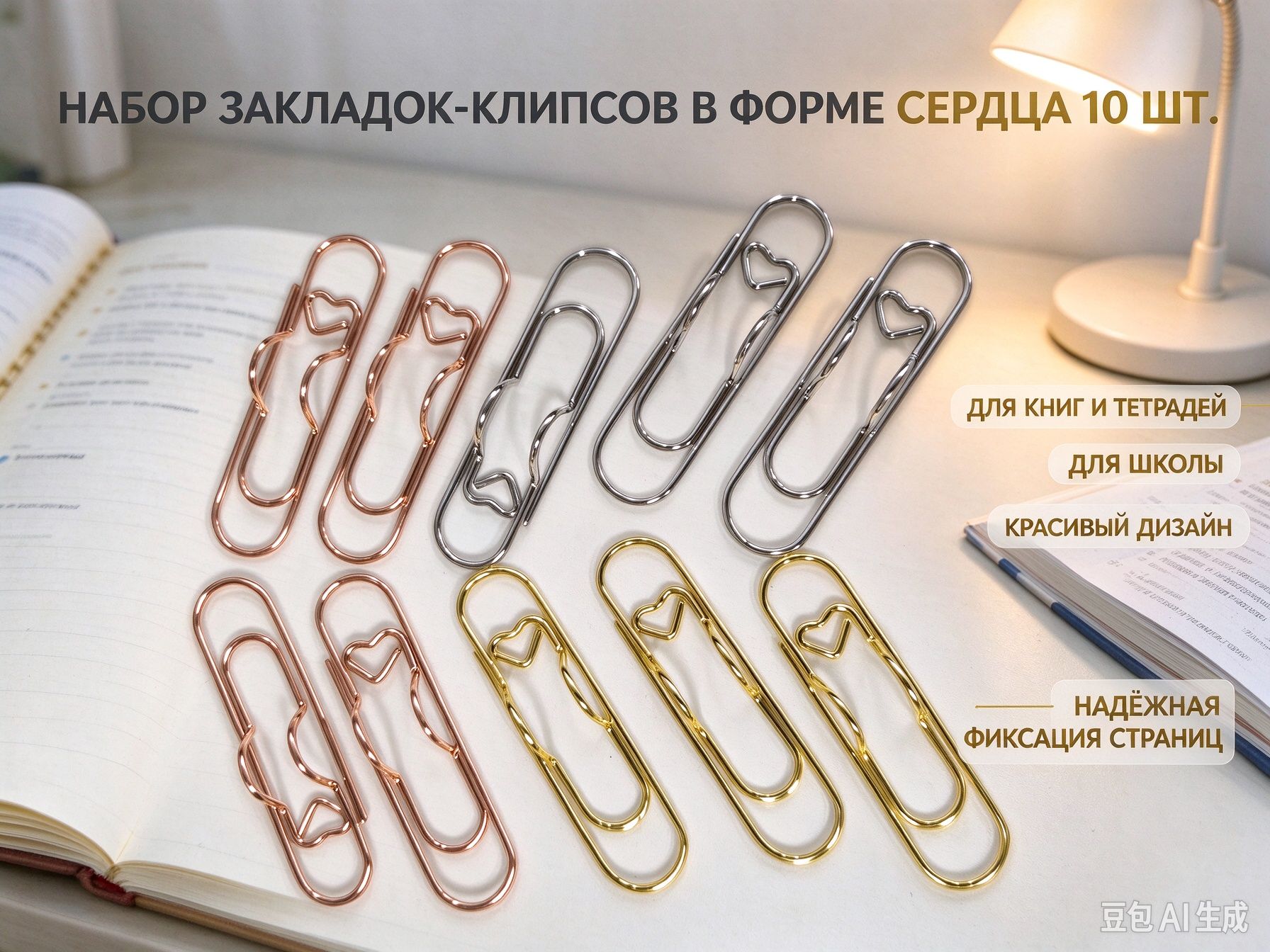 Набор закладок-клипсов в форме сердца 10 шт.