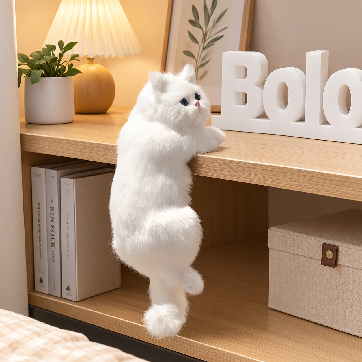 Handcrafted White Cat Plush Toy Soft Stuffed Animal Cozy Imitation Pet Adorable Realistic Sleeping Kitten Doll Cuddle Companion Collectible Artisan Made Long Body 30 cm Length 1 cm Height White Color Home Decor Gift
