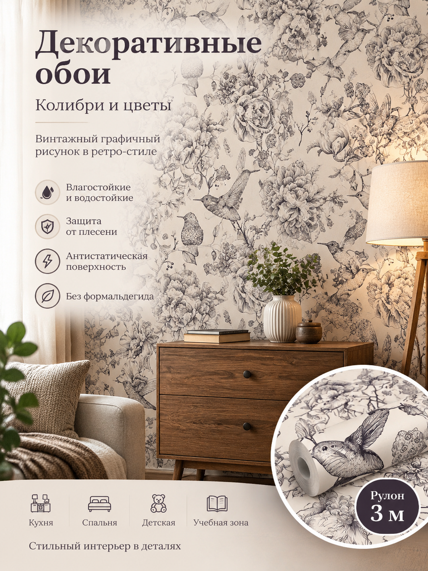 Декоративные обои «Колибри и цветы»: винтажный графичный рисунок в ретро-стиле, рулон 3 м
