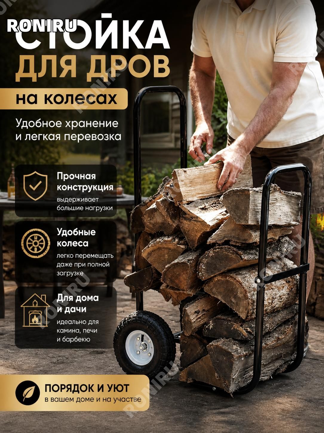 Переносная дровница 70x30x109 см в черно-белом цвете для хранения и переноски дров