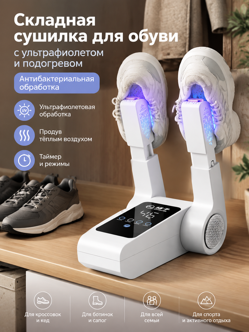 Складная сушилка для обуви с ультрафиолетом и подогревом, антибактериальная обработка