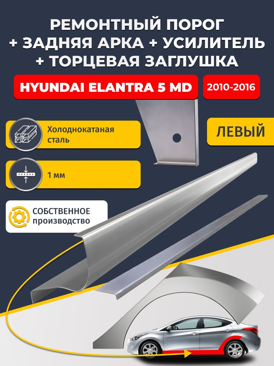 Левая ремонтная задняя арка (0,8 мм) и левый стандартный ремонтный порог + торцевая заглушка + усилитель, на Hyundai Elantra 5 MD 2010-2016 седан (Элантра МД). Холоднокатаная сталь 1 мм