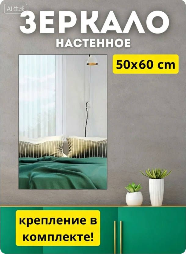 Зеркало для ванной 50х60 см прямоугольное без рамы