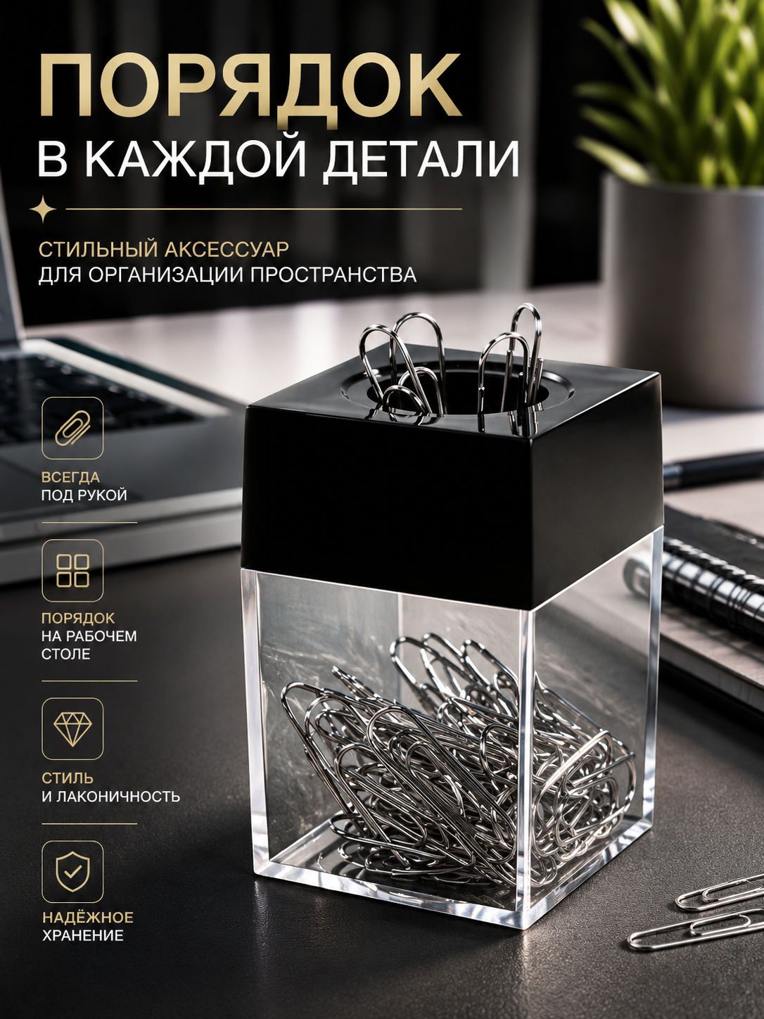 Скрепочница магнитная настольная, органайзер для скрепок, канцелярский держатель для офиса