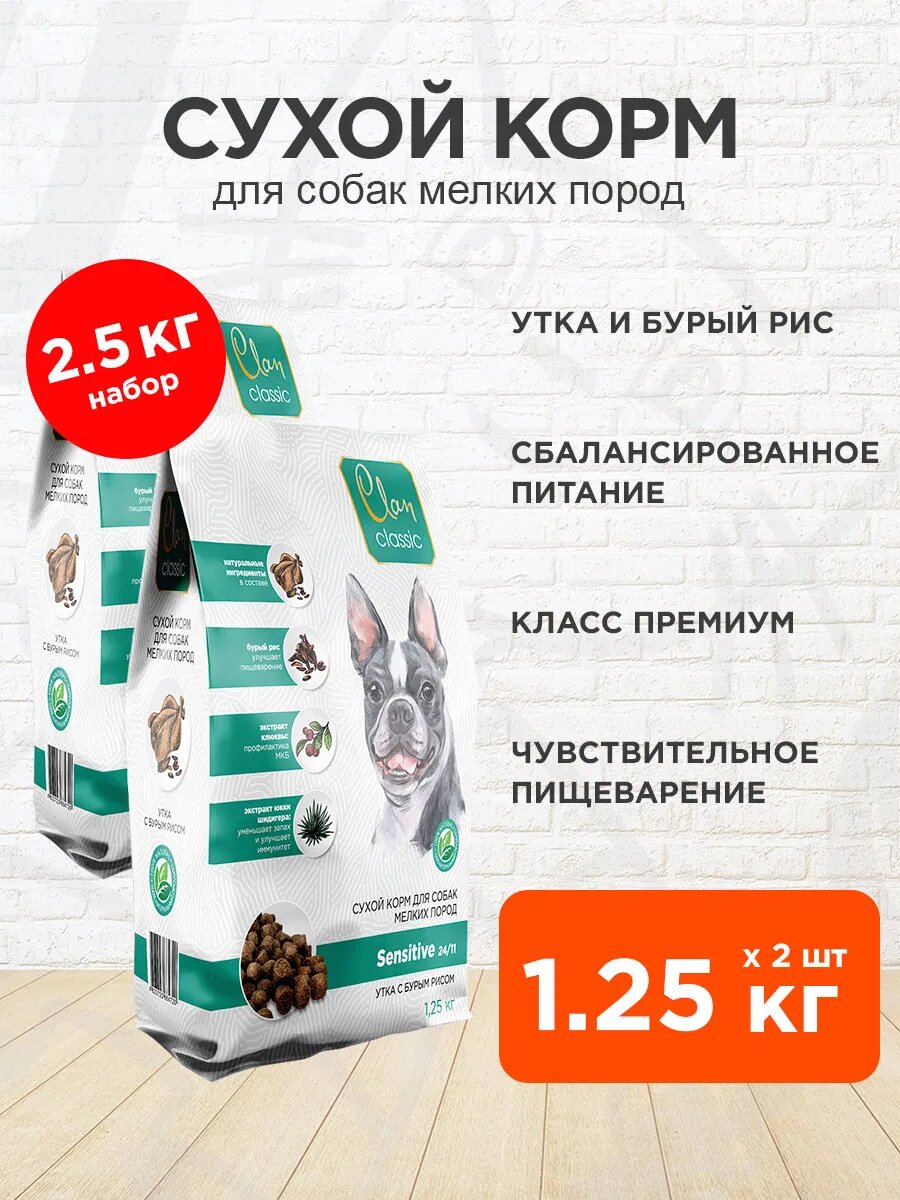 Корм сухой Clan Classic Sensitive 24/11 для мелких собак, с чувствительным пищеварением, утка, бурый рис, 1,25 кг 2 шт