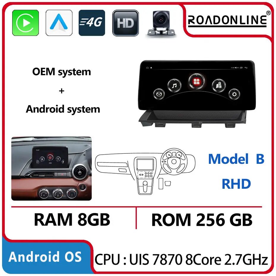 Mazda MX5 MX-5 2016-2020: Android 15, 8+256G, A-RHD