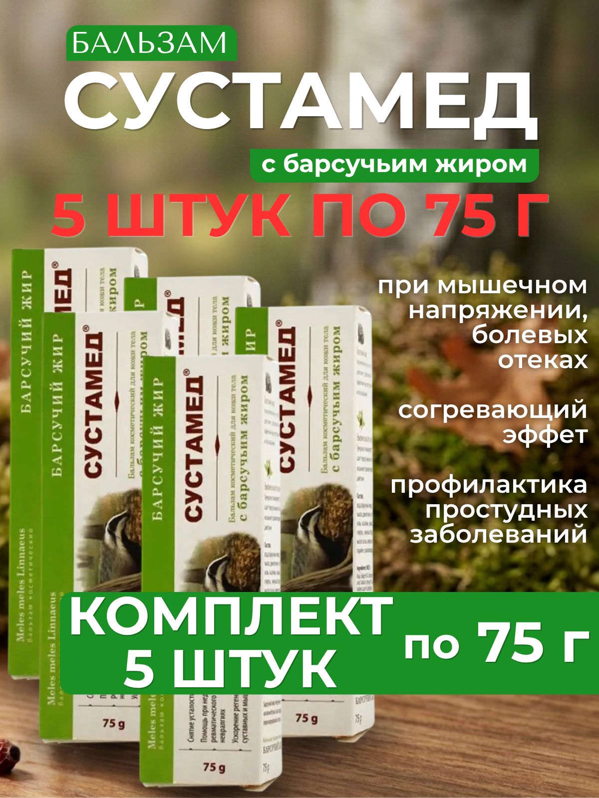 Сустамед бальзам с барсучьим жиром, 5 упаковок по 75 гр, Комплект из 5ти упаковок