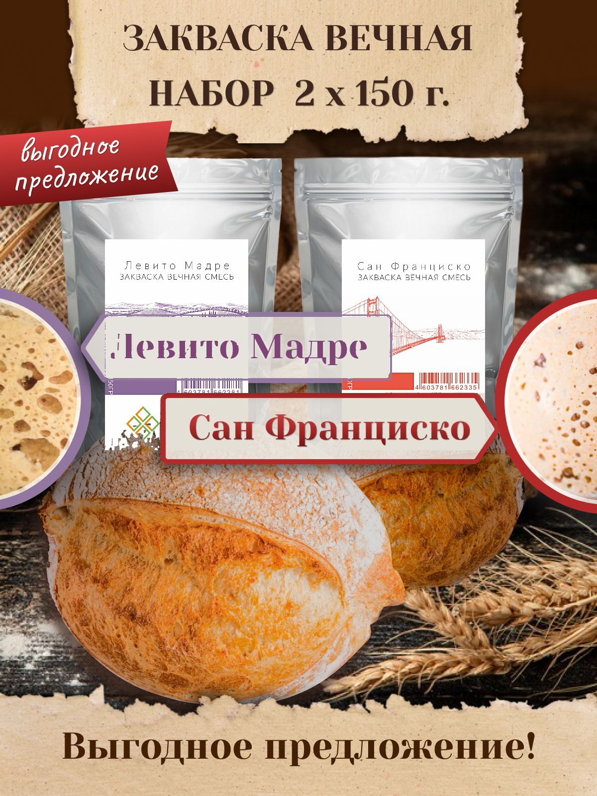 Закваска для хлеба Poly Food Левито Мадре и Сан-Франциско, набор 2 упаковки по 150 г