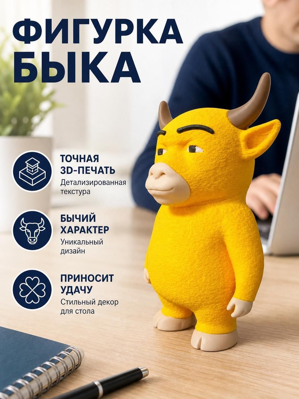 Статуэтка быка, жёлтая, 8 см, из пластика