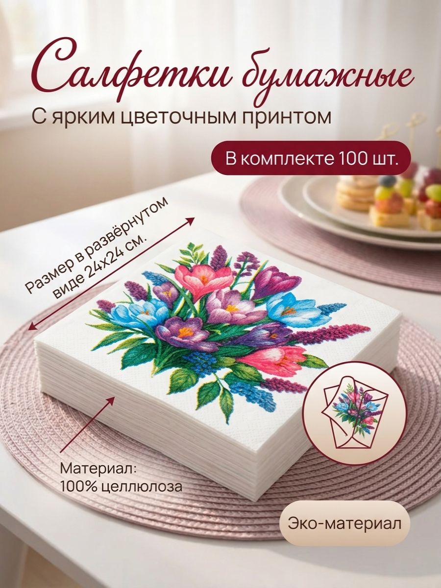 Салфетки бумажные Крокусы, 24*24 см, 100 шт.