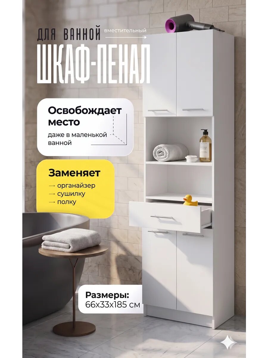Шкаф - пенал напольный для ванной комнаты «Клик Мебель», 1 ящик, 660×330×1850 мм, wdtn белый — фото 1