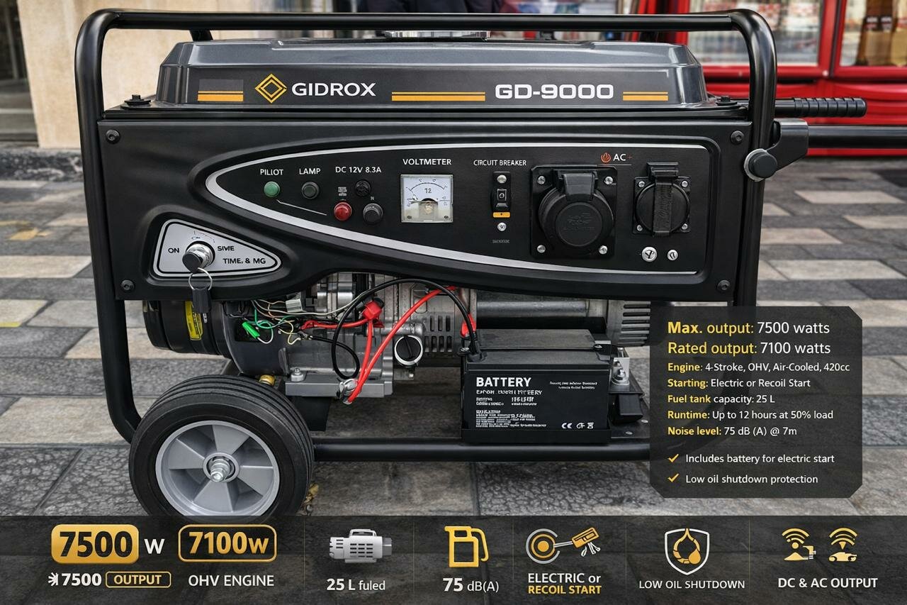 Генератор GIDROX GD-9000, максимальная мощность 7500 Вт, время работы до 6 часов