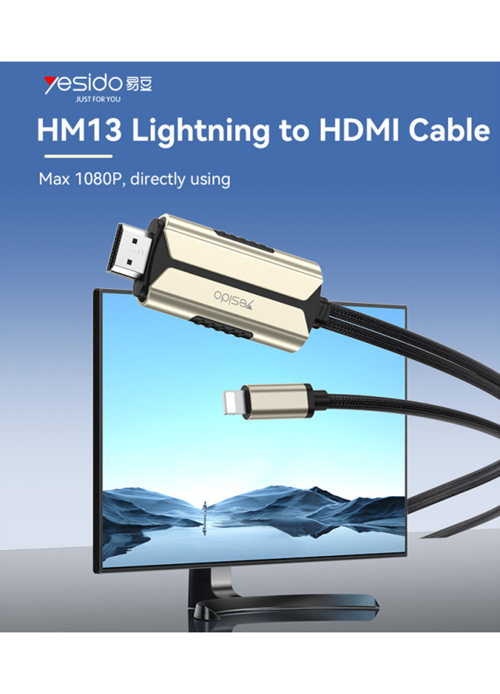 Кабель Yesido HM13, Lightning-HDMI, цинковый сплав, до 1080p — фото 1