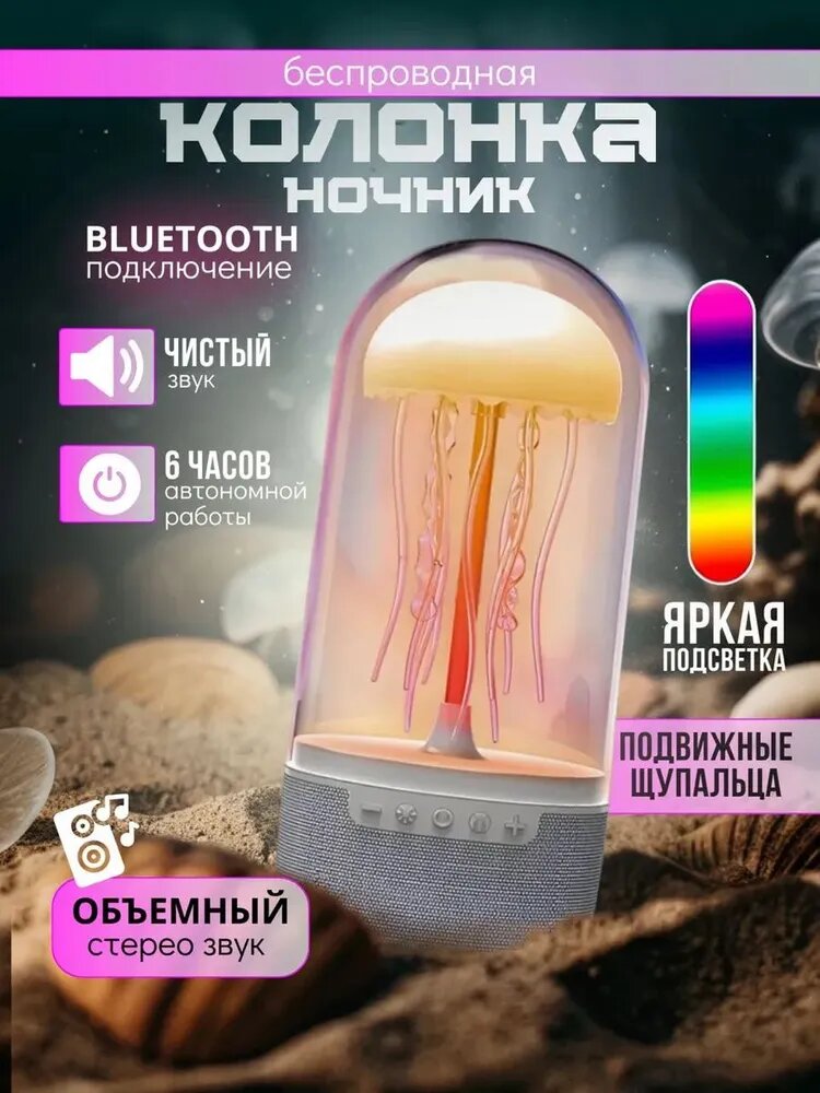 Ночник светодиодный портативный в виде медузы, Bluetooth подключение, RGB подсветка, стереозвук